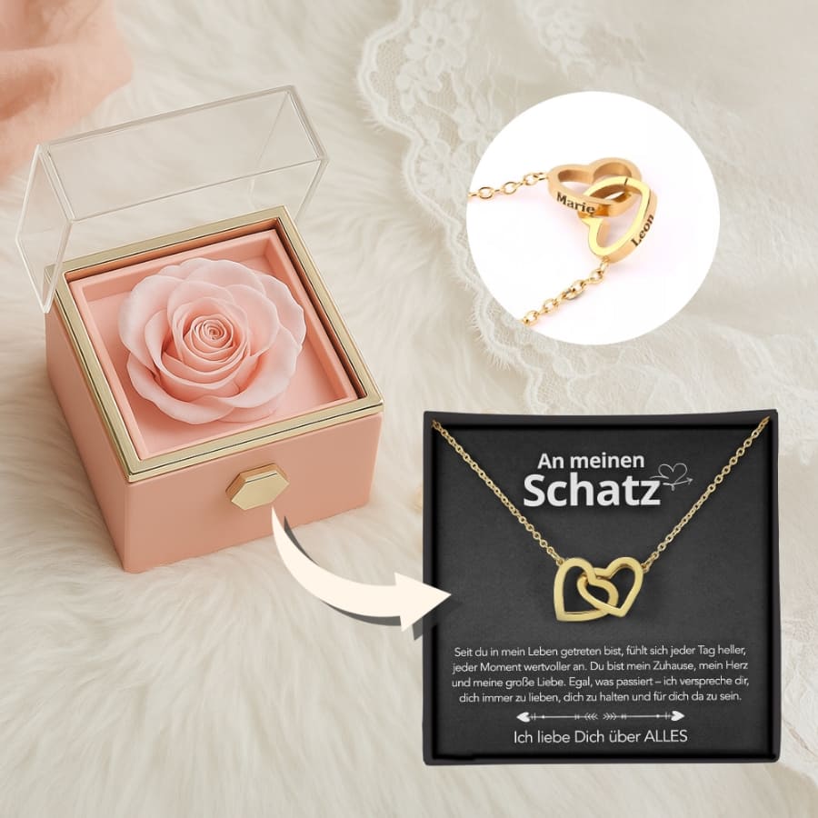 An meinen Schatz – Ewige Rosenbox mit gravierter Doppelherz-Halskette