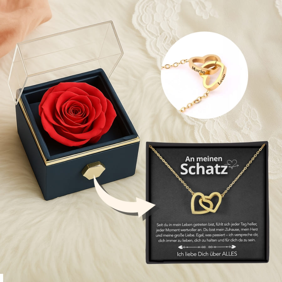 An meinen Schatz – Ewige Rosenbox mit gravierter Doppelherz-Halskette