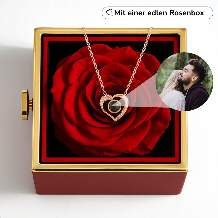 Foto Halskette mit deinem Lieblingsbild in ewiger Rosenbox – funkelndes Herz