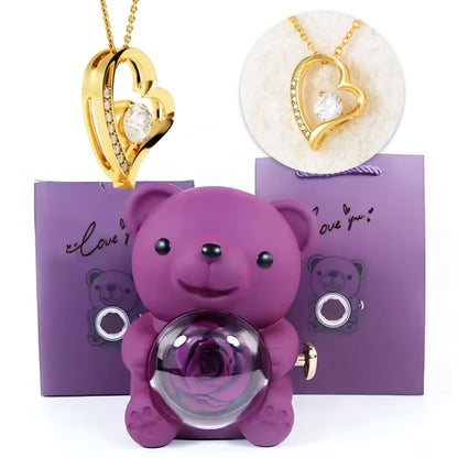 Ewige Teddy Rosenbox mit edlem Herzschmuck