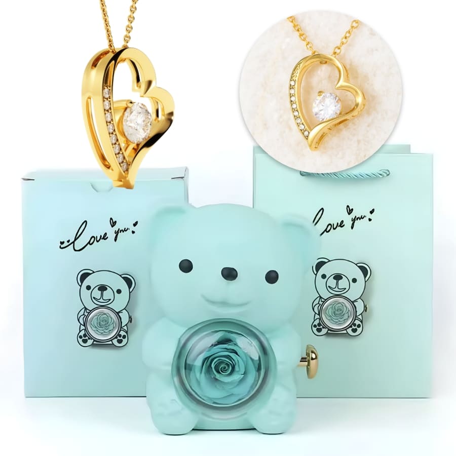 Ewige Teddy Rosenbox mit edlem Herzschmuck
