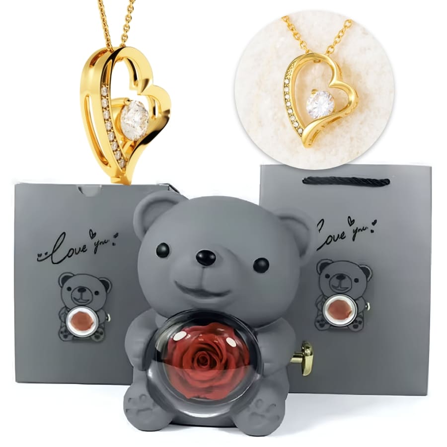 Ewige Teddy Rosenbox mit edlem Herzschmuck