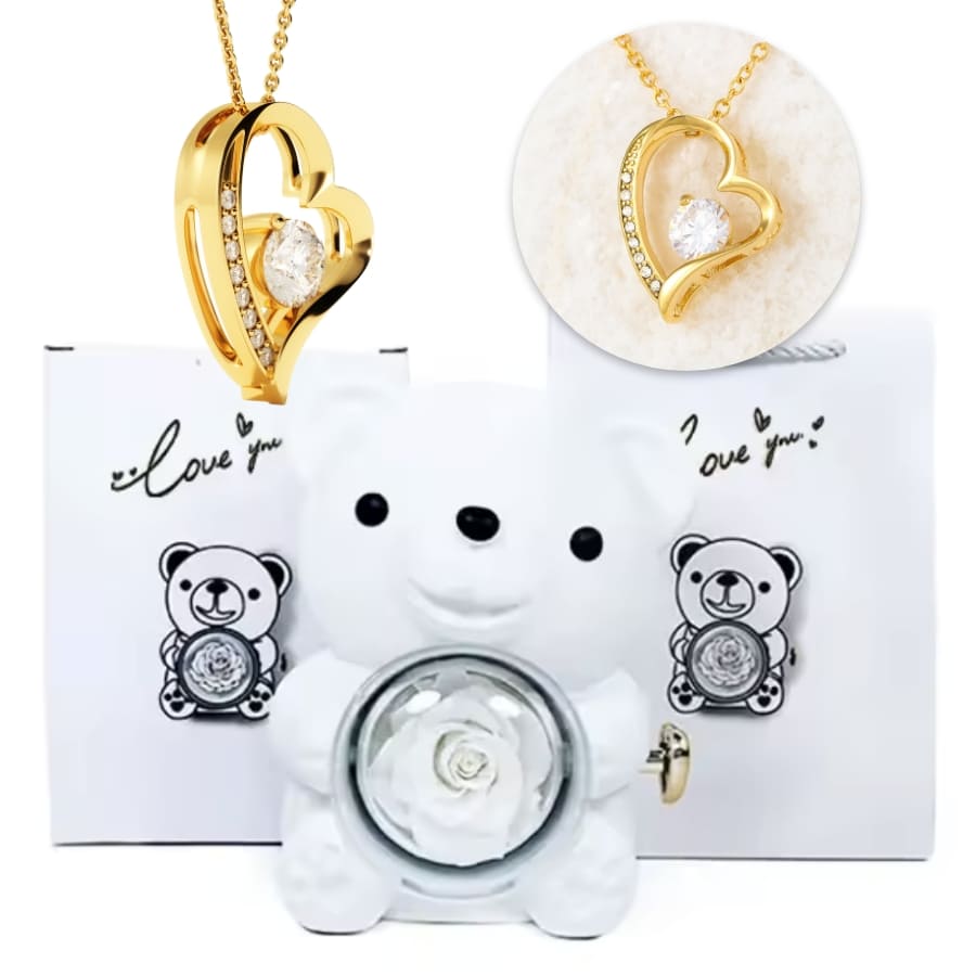 Ewige Teddy Rosenbox mit edlem Herzschmuck