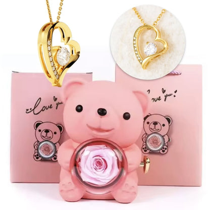 Ewige Teddy Rosenbox mit edlem Herzschmuck