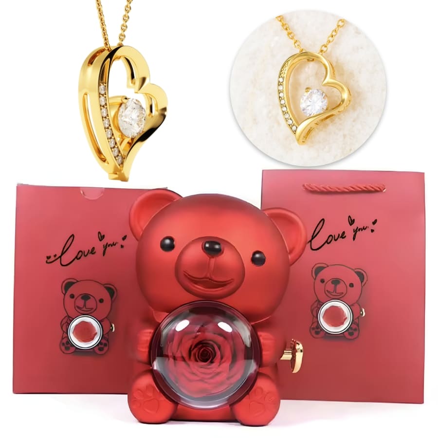 Ewige Teddy Rosenbox mit edlem Herzschmuck