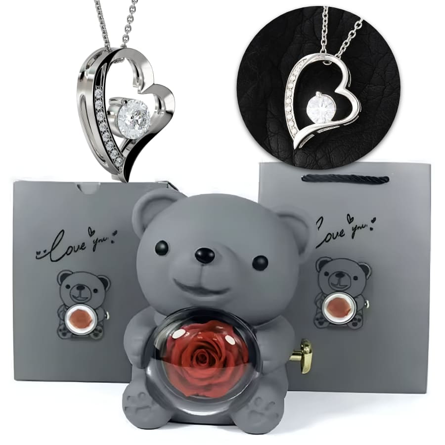 Ewige Teddy Rosenbox mit edlem Herzschmuck
