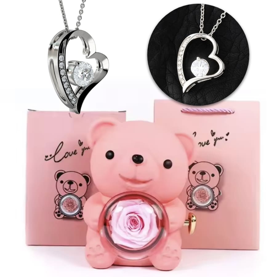 Ewige Teddy Rosenbox mit edlem Herzschmuck