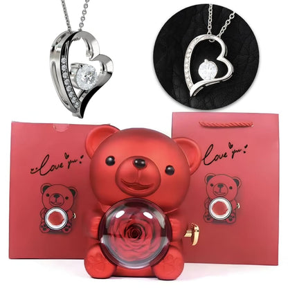 Ewige Teddy Rosenbox mit edlem Herzschmuck