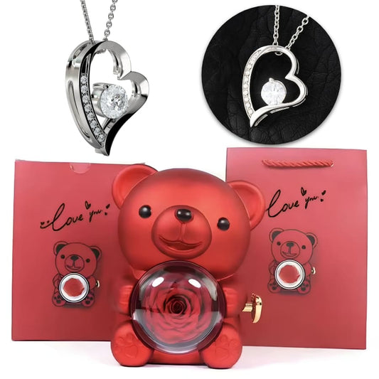 Ewige Teddy Rosenbox mit edlem Herzschmuck