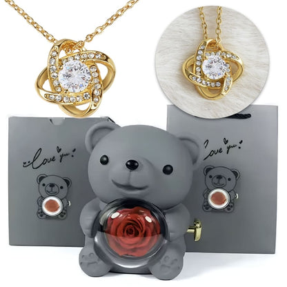 Ewige Teddy Rosenbox mit edler Knoten-Halskette