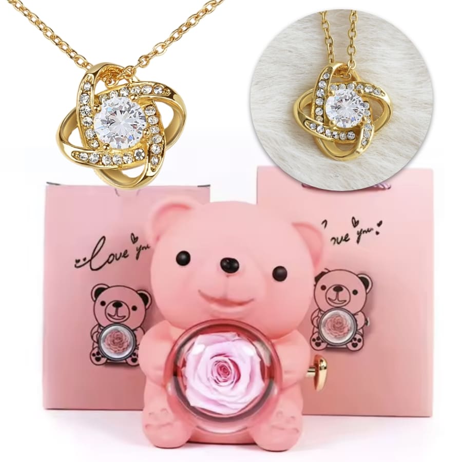 Ewige Teddy Rosenbox mit edler Knoten-Halskette