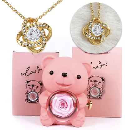Ewige Teddy Rosenbox mit edler Knoten-Halskette