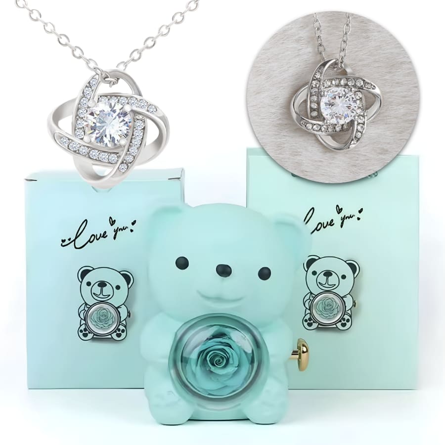 Ewige Teddy Rosenbox mit edler Knoten-Halskette