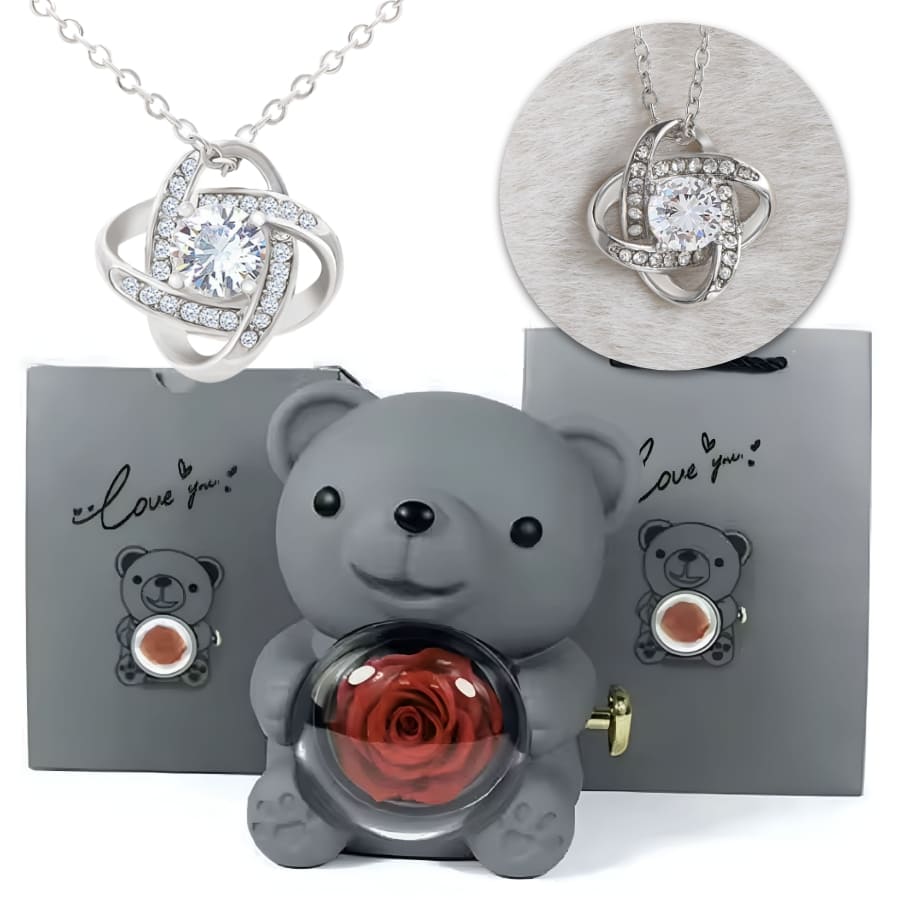 Ewige Teddy Rosenbox mit edler Knoten-Halskette