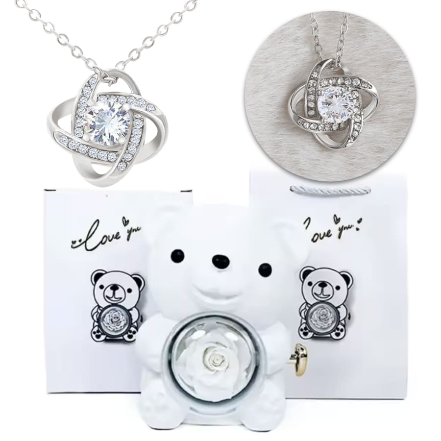 Ewige Teddy Rosenbox mit edler Knoten-Halskette