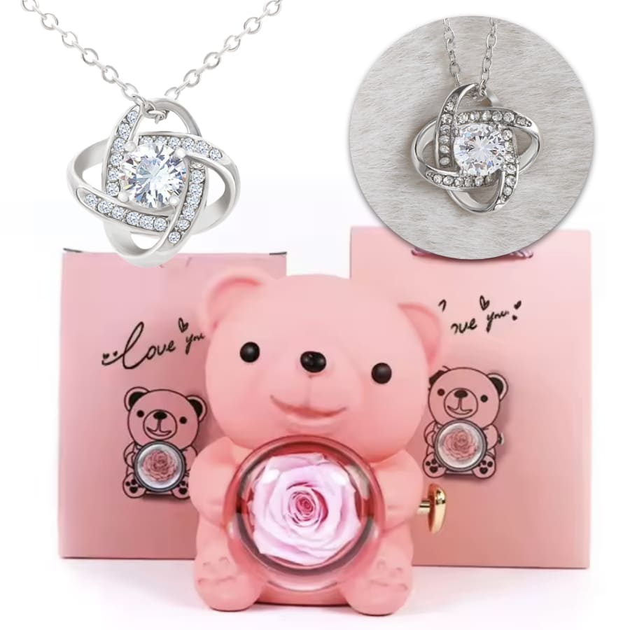 Ewige Teddy Rosenbox mit edler Knoten-Halskette