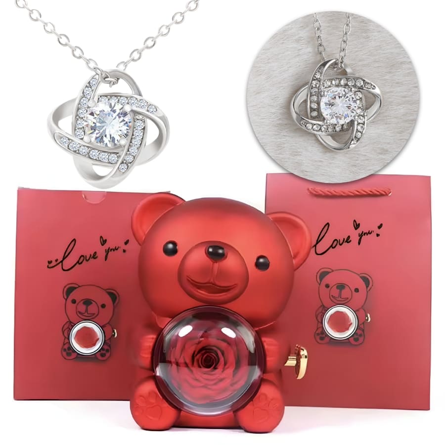 Ewige Teddy Rosenbox mit edler Knoten-Halskette