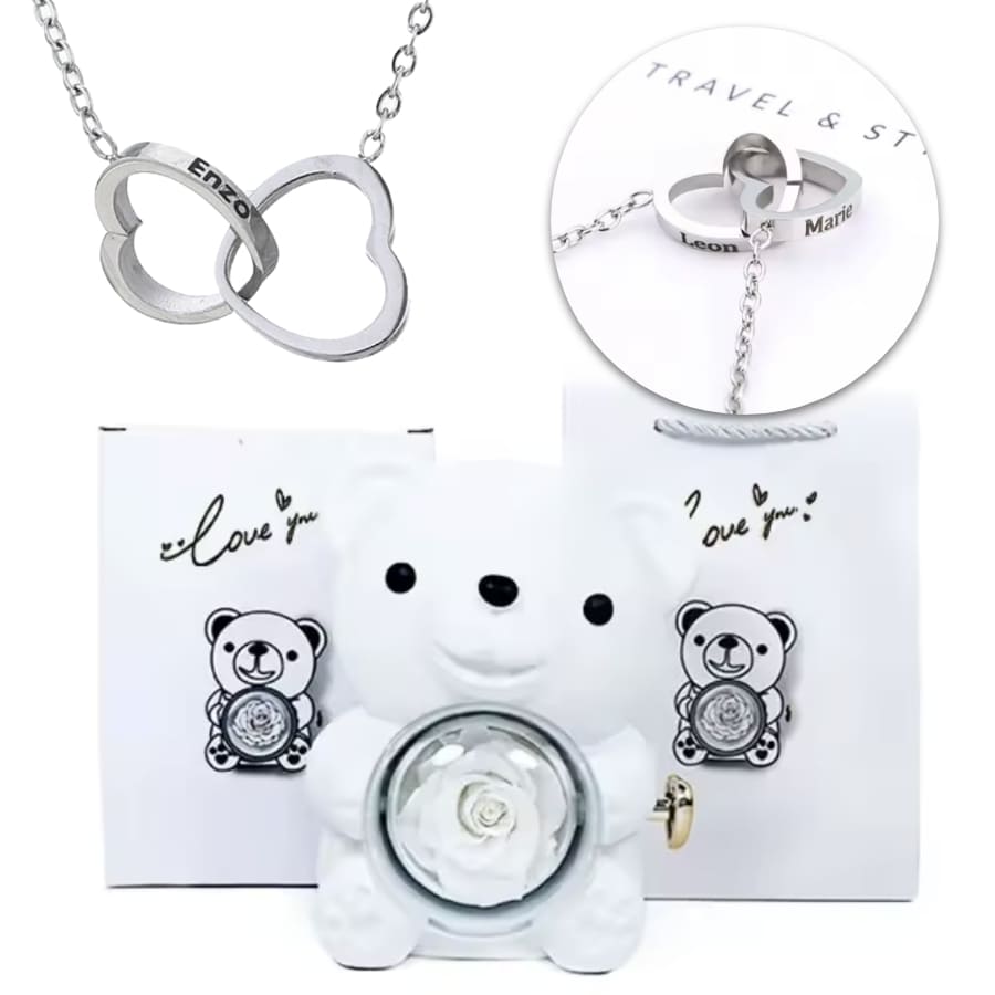 Ewige Teddy Rosenbox mit gravierter Doppelherz-Halskette
