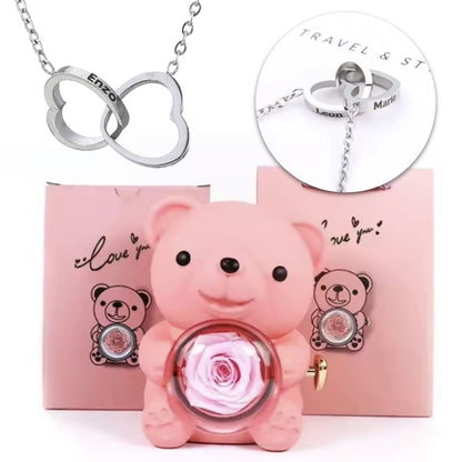 Ewige Teddy Rosenbox mit gravierter Doppelherz-Halskette
