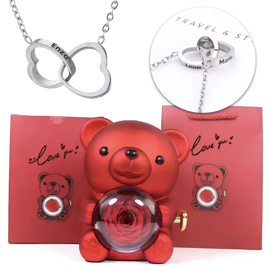 Ewige Teddy Rosenbox mit gravierter Doppelherz-Halskette