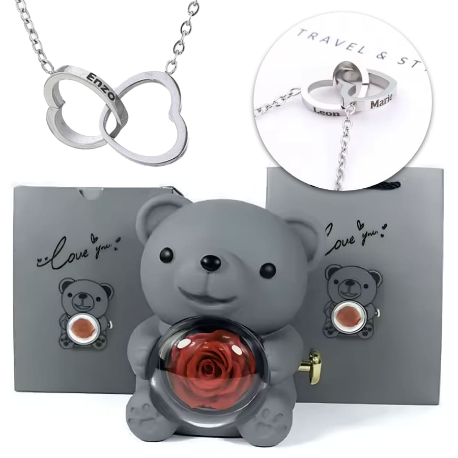 Ewige Teddy Rosenbox mit gravierter Doppelherz-Halskette