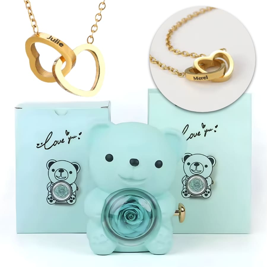 Ewige Teddy Rosenbox mit gravierter Doppelherz-Halskette