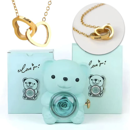 Ewige Teddy Rosenbox mit gravierter Doppelherz-Halskette