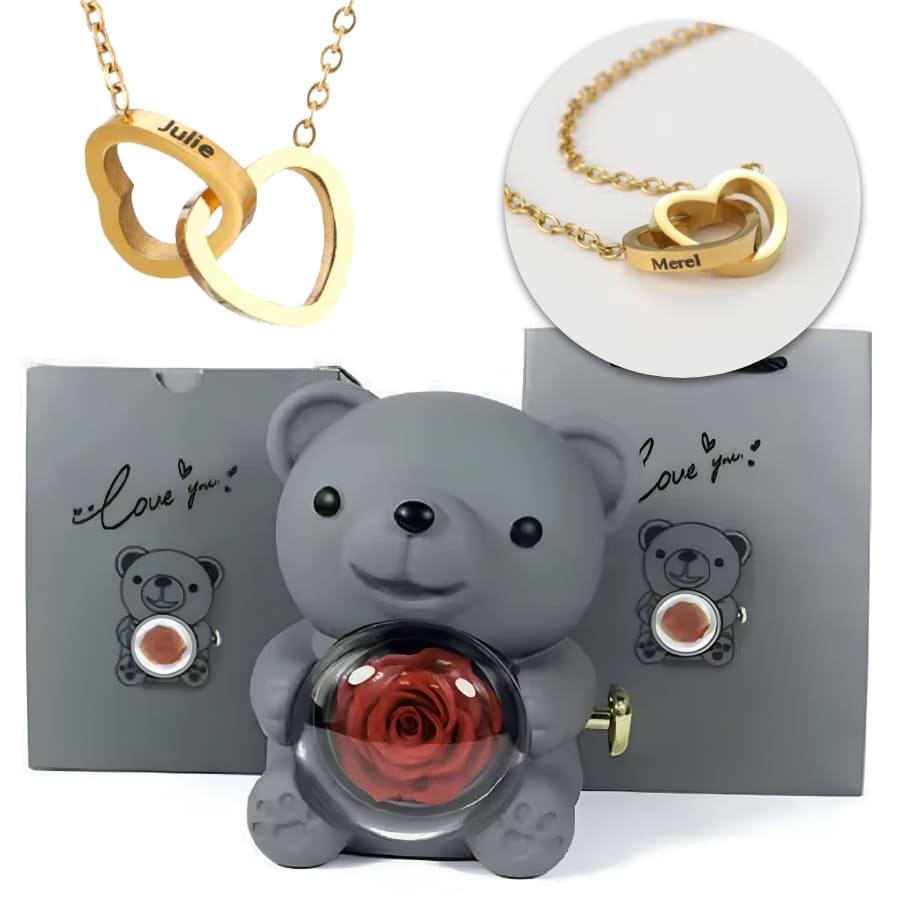 Ewige Teddy Rosenbox mit gravierter Doppelherz-Halskette