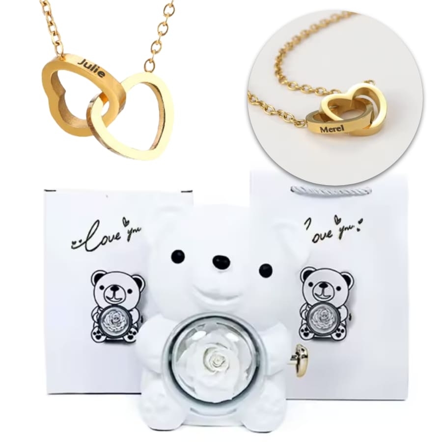 Ewige Teddy Rosenbox mit gravierter Doppelherz-Halskette