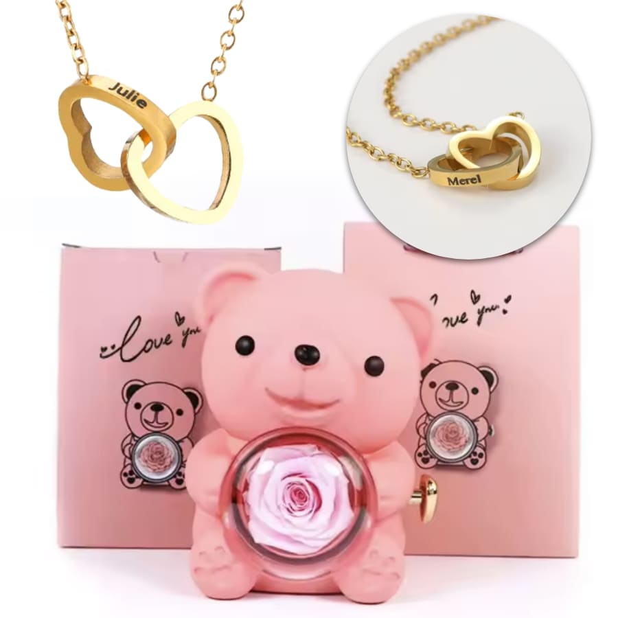 Ewige Teddy Rosenbox mit gravierter Doppelherz-Halskette