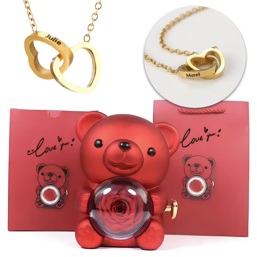 Ewige Teddy Rosenbox mit gravierter Doppelherz-Halskette