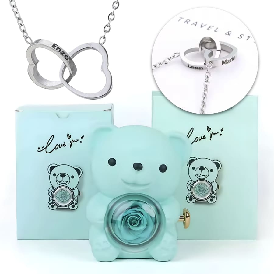 Ewige Teddy Rosenbox mit gravierter Doppelherz-Halskette