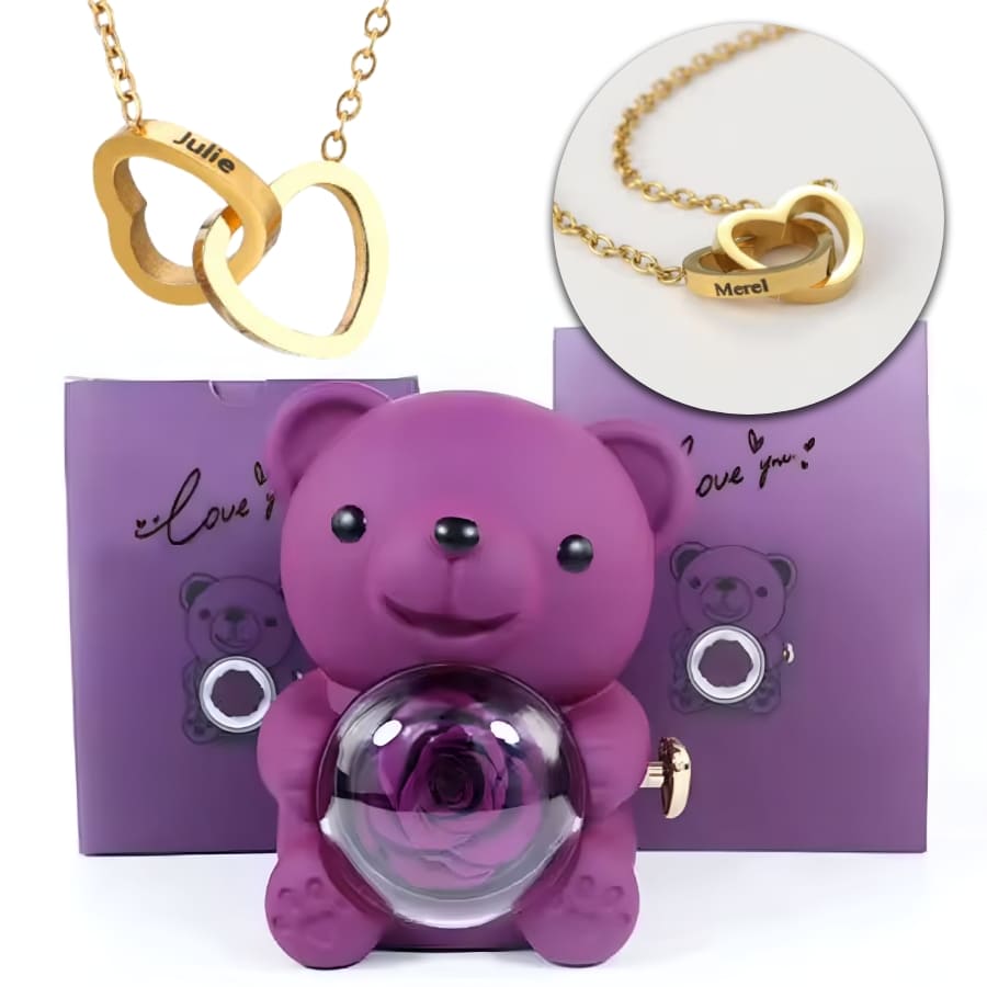 Ewige Teddy Rosenbox mit gravierter Doppelherz-Halskette