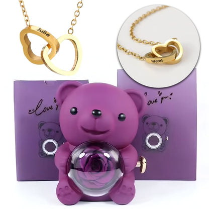 Ewige Teddy Rosenbox mit gravierter Doppelherz-Halskette