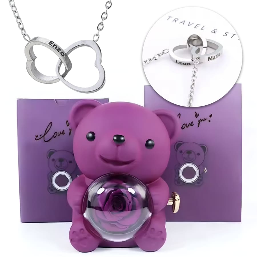 Ewige Teddy Rosenbox mit gravierter Doppelherz-Halskette