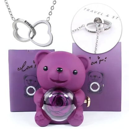 Ewige Teddy Rosenbox mit gravierter Doppelherz-Halskette