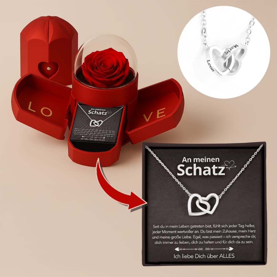 An meinen Schatz – Ewige Rose mit gravierter Doppelherz-Halskette & liebevoller Karte