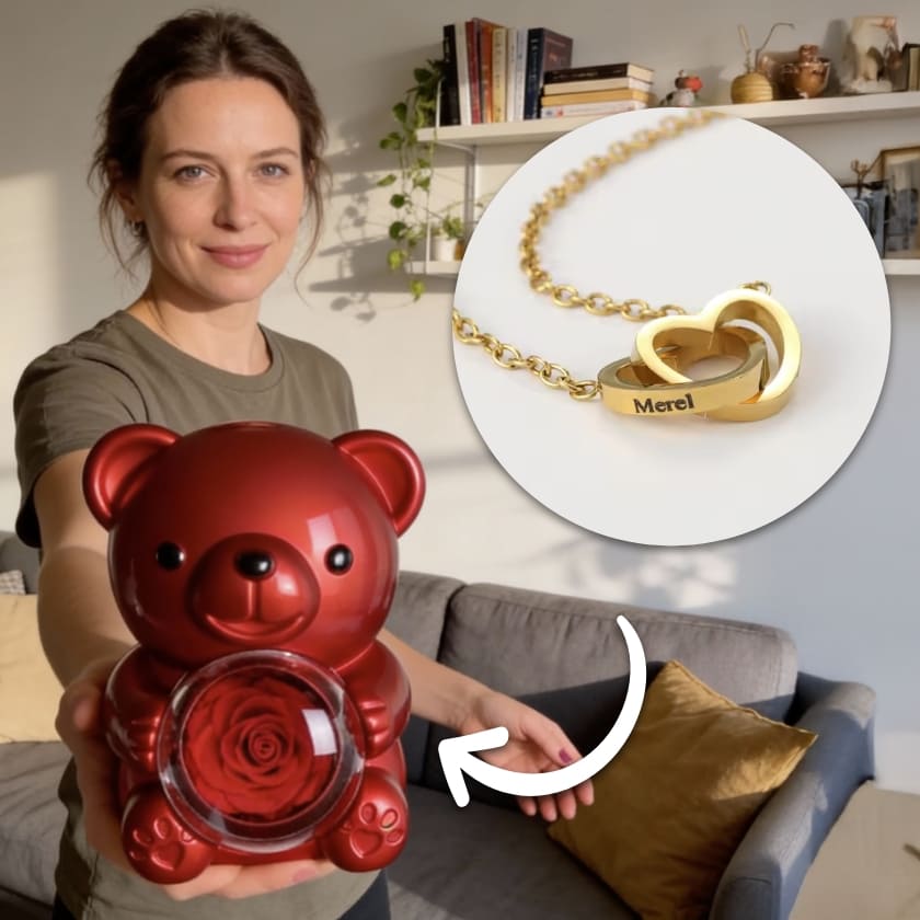 Ewige Teddy Rosenbox mit gravierter Doppelherz-Halskette
