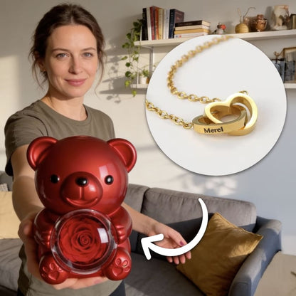 Ewige Teddy Rosenbox mit gravierter Doppelherz-Halskette