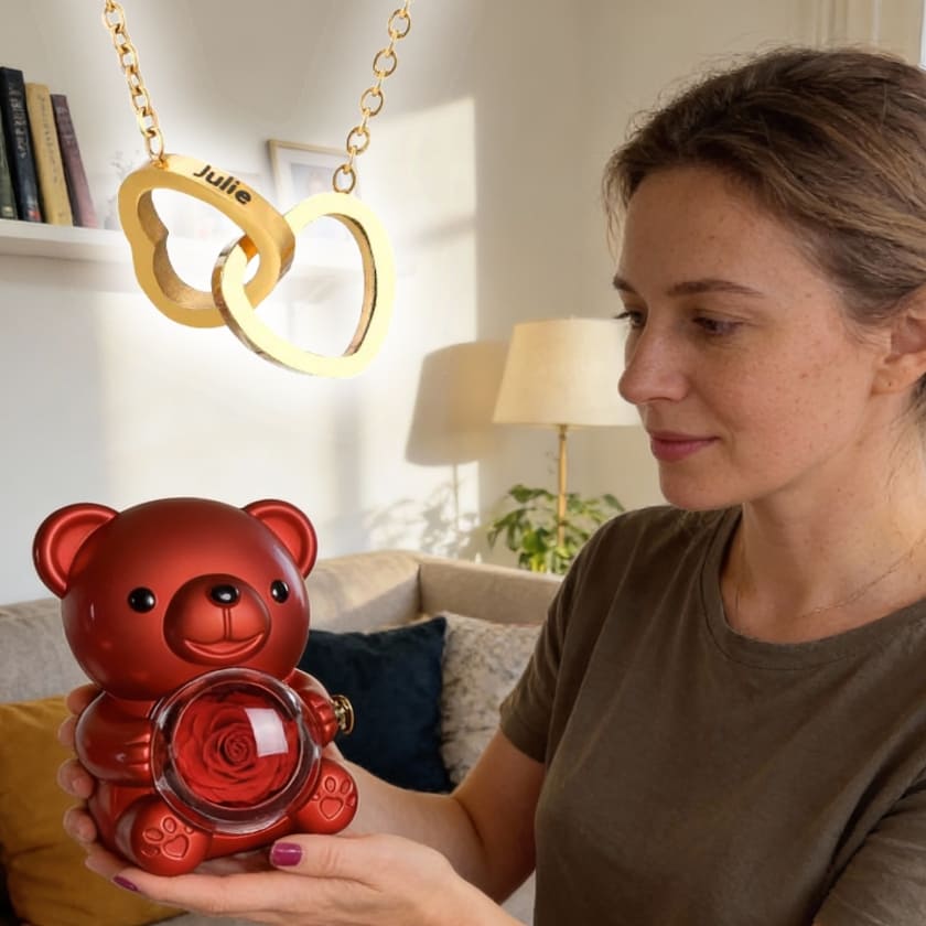 Ewige Teddy Rosenbox mit gravierter Doppelherz-Halskette
