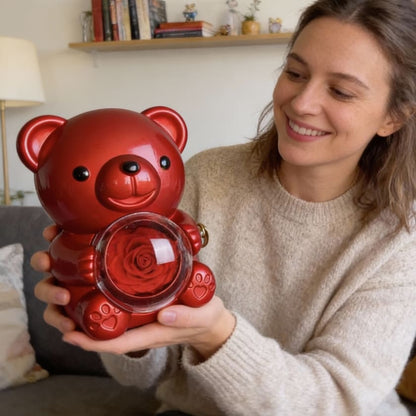 Ewige Teddy Rosenbox mit gravierter Doppelherz-Halskette