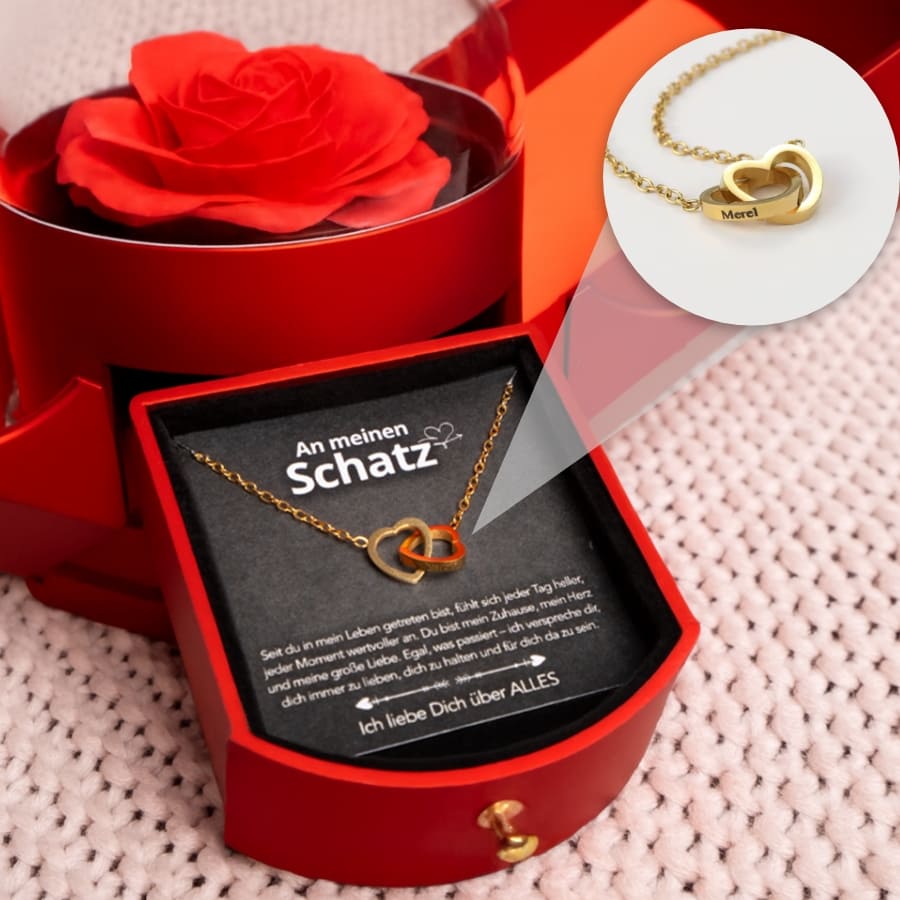 An meinen Schatz – Ewige Rose mit gravierter Doppelherz-Halskette & liebevoller Karte
