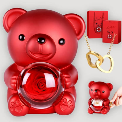 Ewige Teddy Rosenbox mit gravierter Doppelherz-Halskette