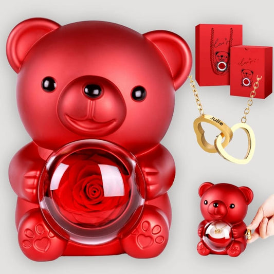 Ewige Teddy Rosenbox mit gravierter Doppelherz-Halskette