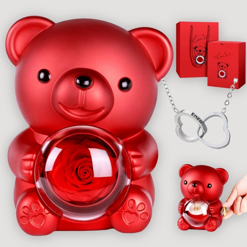 Ewige Teddy Rosenbox mit gravierter Doppelherz-Halskette