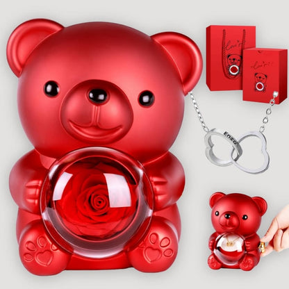 Ewige Teddy Rosenbox mit gravierter Doppelherz-Halskette