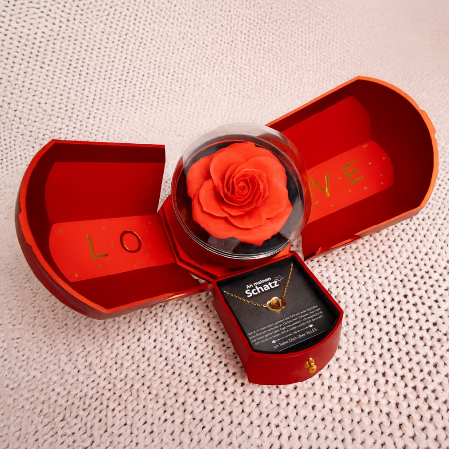 An meinen Schatz – Ewige Rose mit gravierter Doppelherz-Halskette & liebevoller Karte