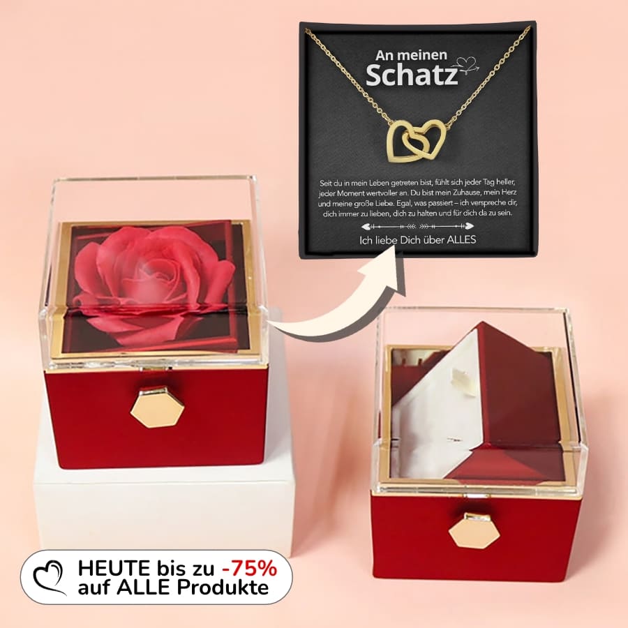 An meinen Schatz – Ewige Rosenbox mit gravierter Doppelherz-Halskette
