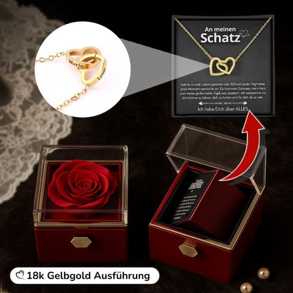 An meinen Schatz – Ewige Rosenbox mit gravierter Doppelherz-Halskette