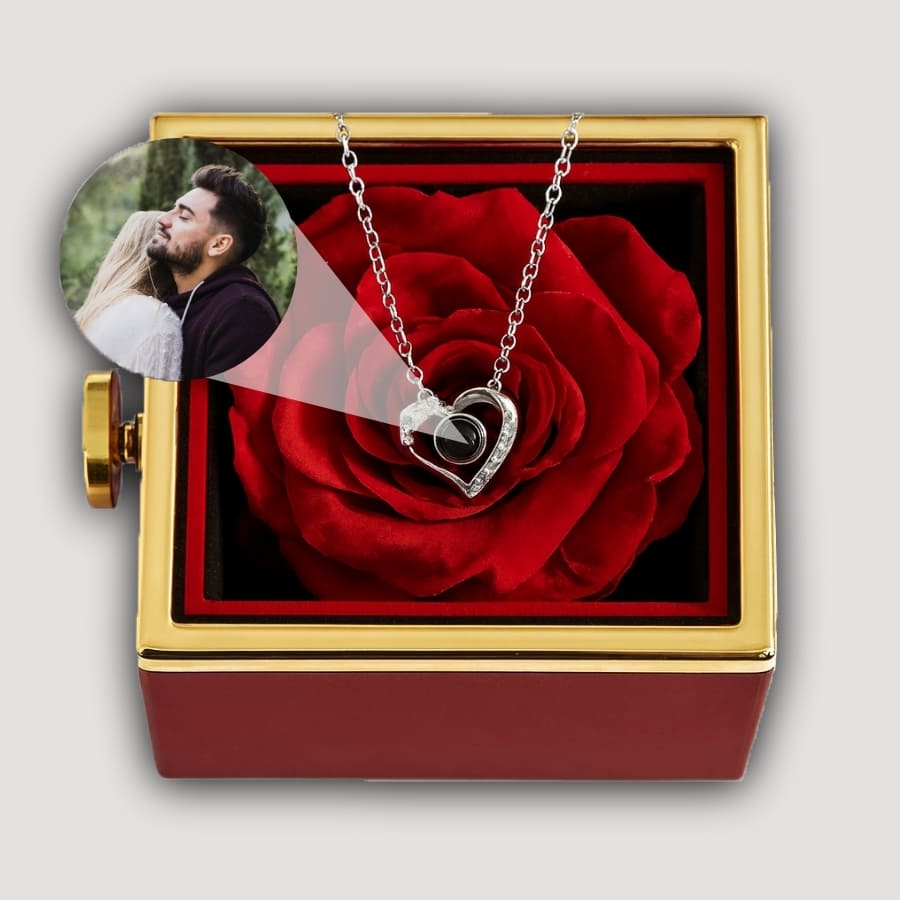 Foto Halskette mit deinem Lieblingsbild in ewiger Rosenbox – funkelndes Herz
